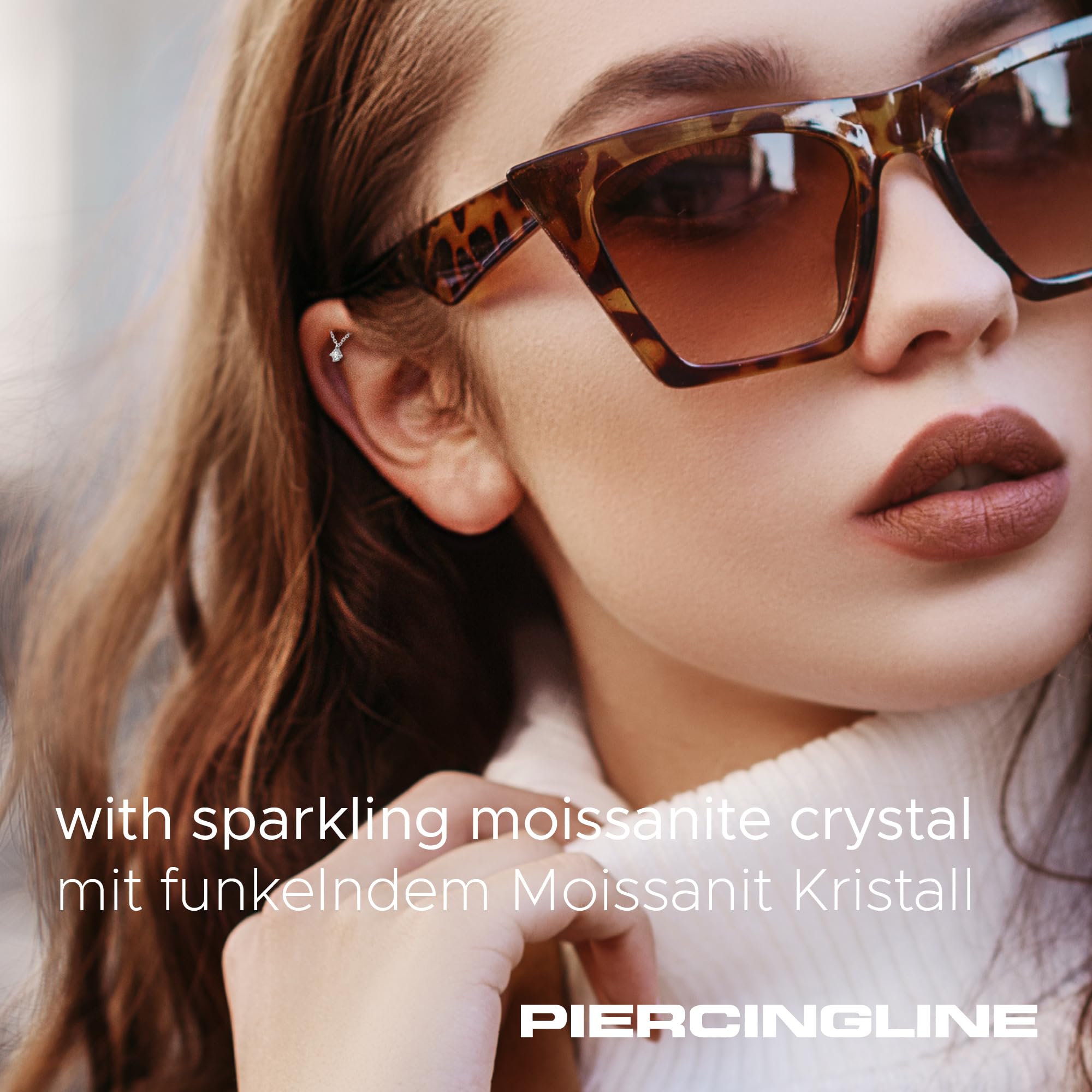 PIERCINGLINE Universal Piercing Schraub-Aufsätze 14 Gold Schraubaufsatz mit Außengewinde MOISSANIT + BOGEN + KETTE 585er Gold - Roségoldfarben, Goldfarben, Silberfarben