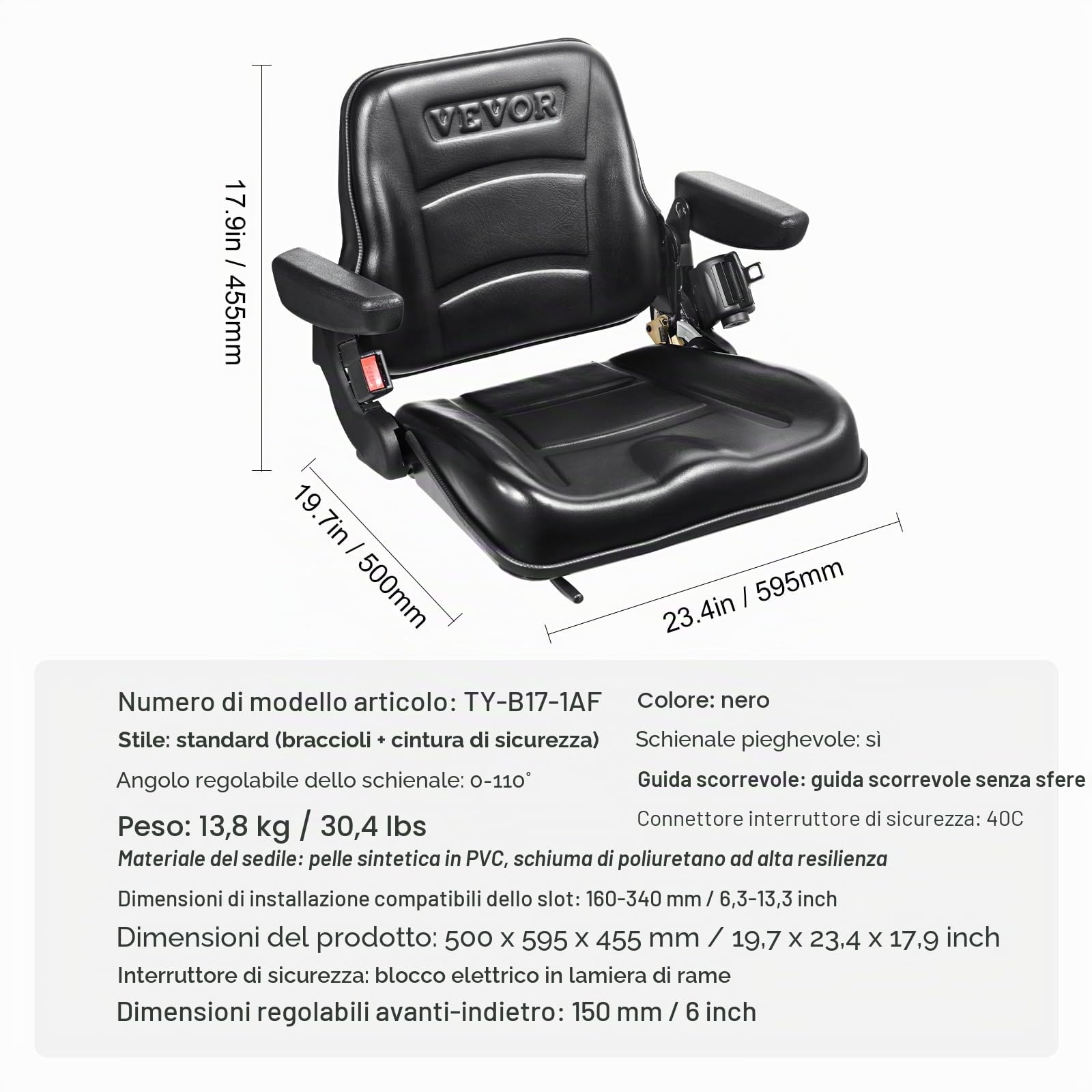 VEVOR Sedile Universale per Carrello Elevatore Sedile Pieghevole per Trattore Coprisedile con Schienale ad Angolo Regolabile Microinterruttore Cintura di Sicurezza Braccioli Fessura Esteso 160-340mm