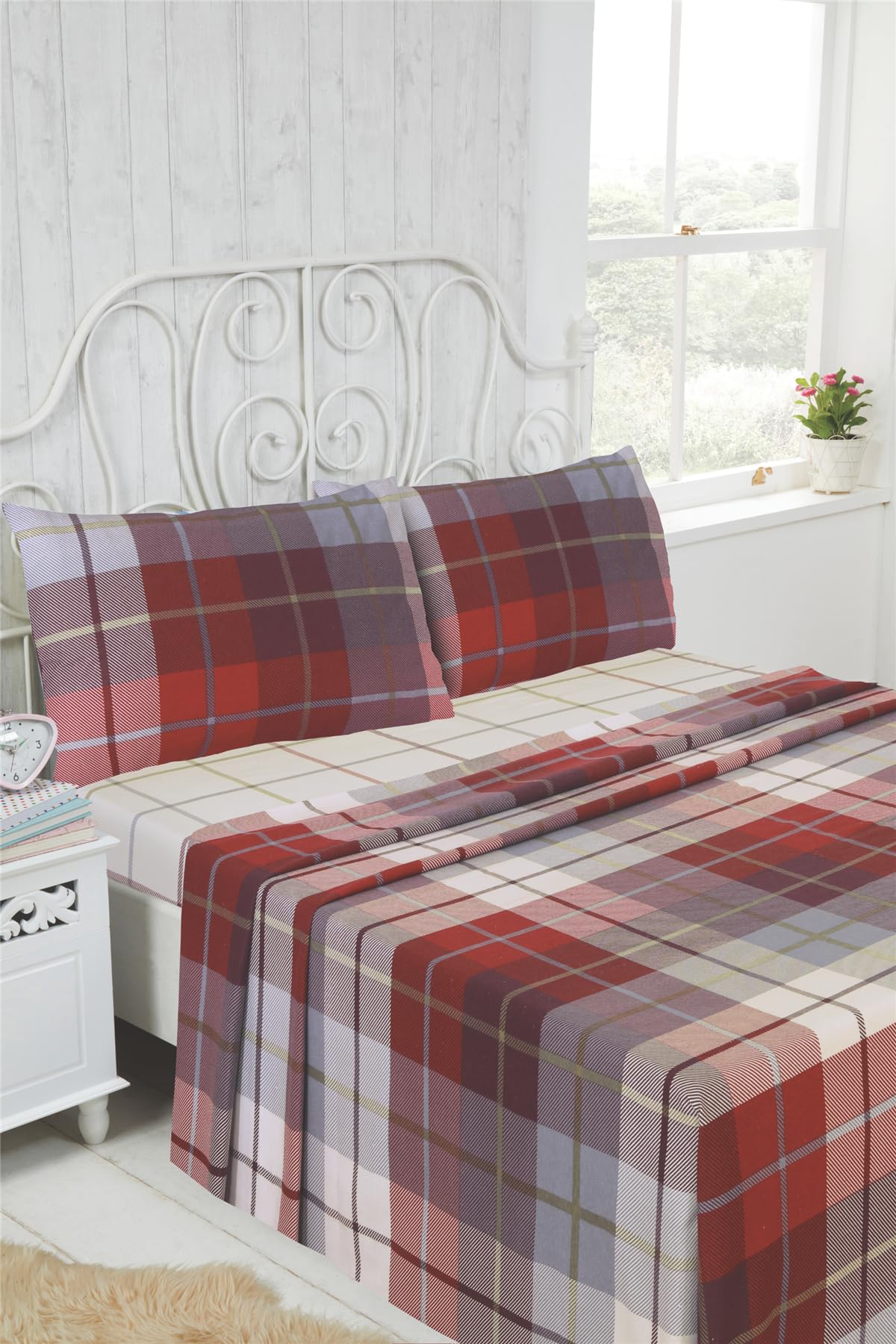 Single Size Lomond Brushed Cotton Check Flannelette Sheet Set - Red - Rapport Home