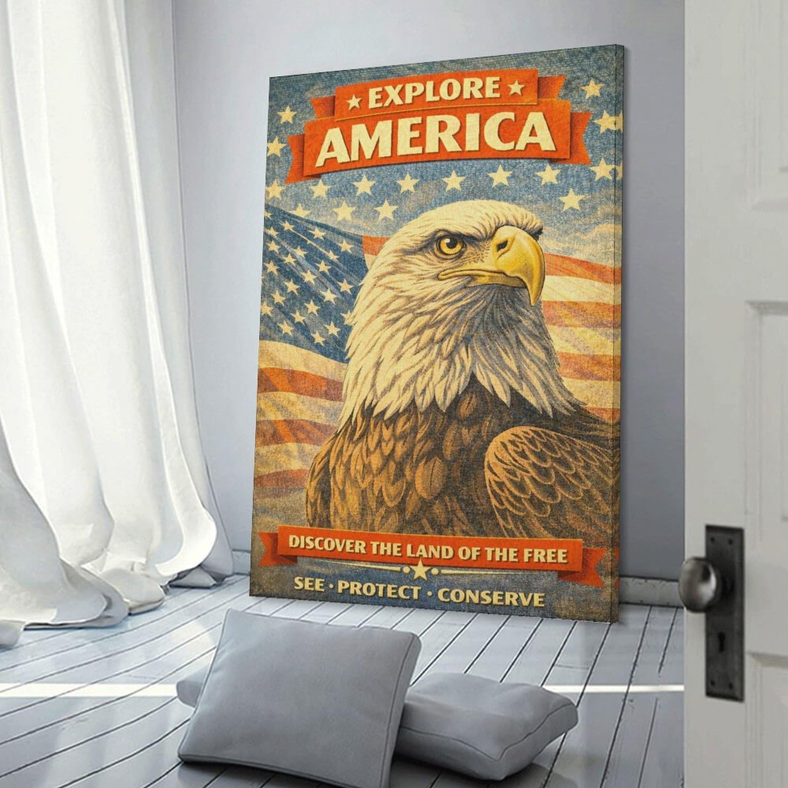 Junmoney Frame-Style-23 Home Decor Wall Art Explore America Eagle Vintage, 12X18inch(30X45cm), For Hallway, Bedroom Or Modern Interiors, Gift Idea For Housewarming And Birthdays