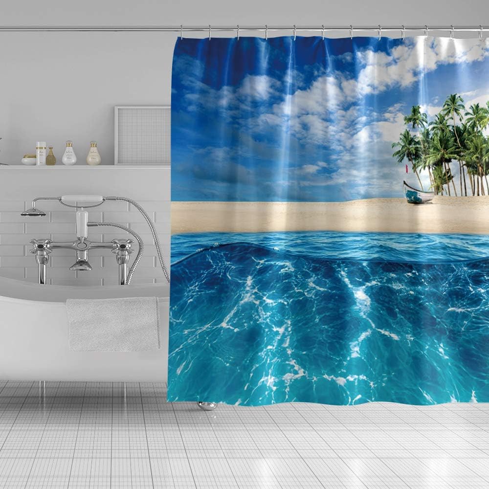 Blue Ocean Shower Curtain 72"x72" Polyester Clear Blue Sea Water Tropical Sand Beach Boat Palm Tree Blue Sky Waterproof Fabric Summer Seaside Shower Curtain Decor for Bathroom Bathtub