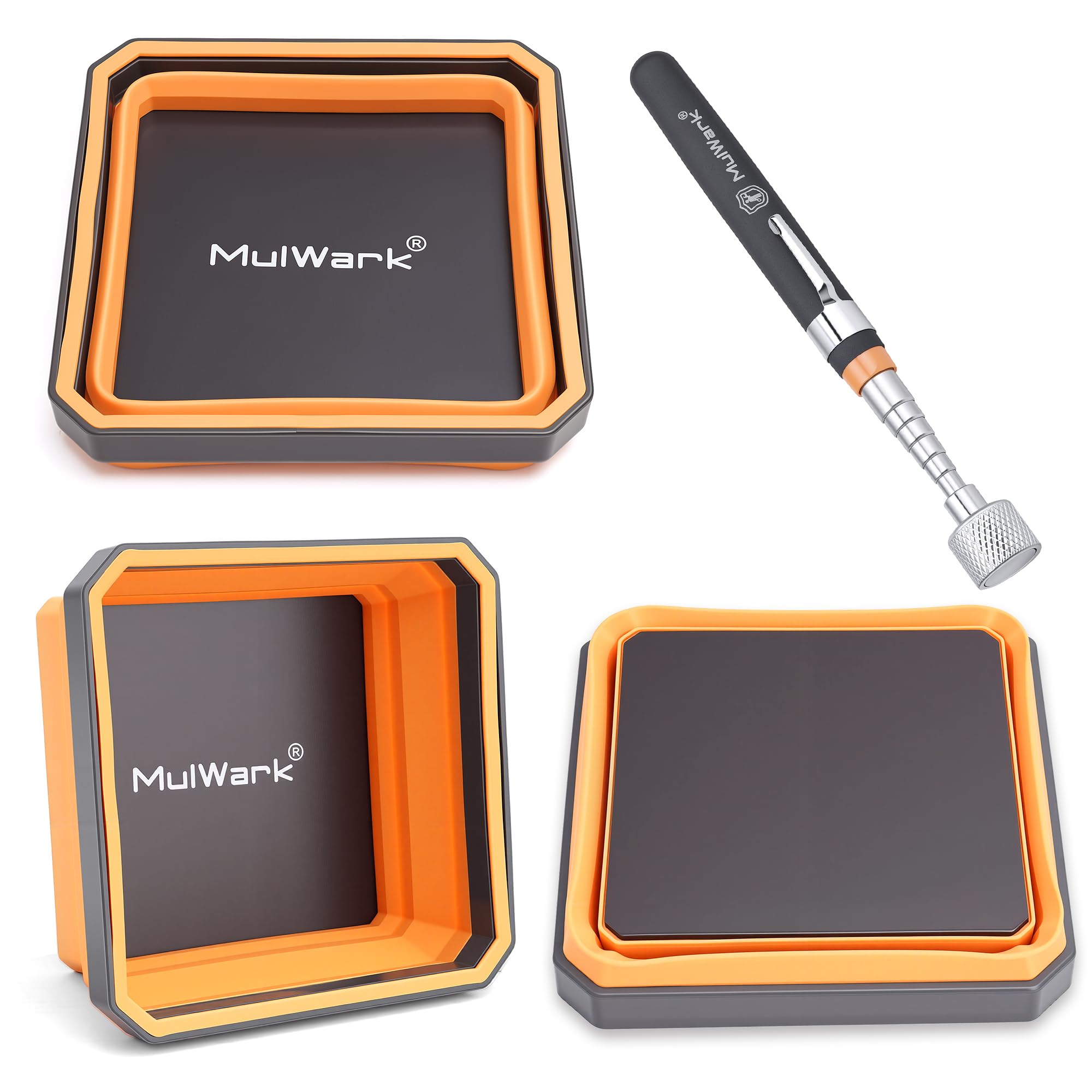 Mulwark MULWARK 3Pcs Collapsible Magnetic Tray with 15Lb Magnetic Pickup Tool, Silicone Magnetic Parts Tray for Organizing Screw Bolts Nuts Washers Pins Repair Tools Workshop
