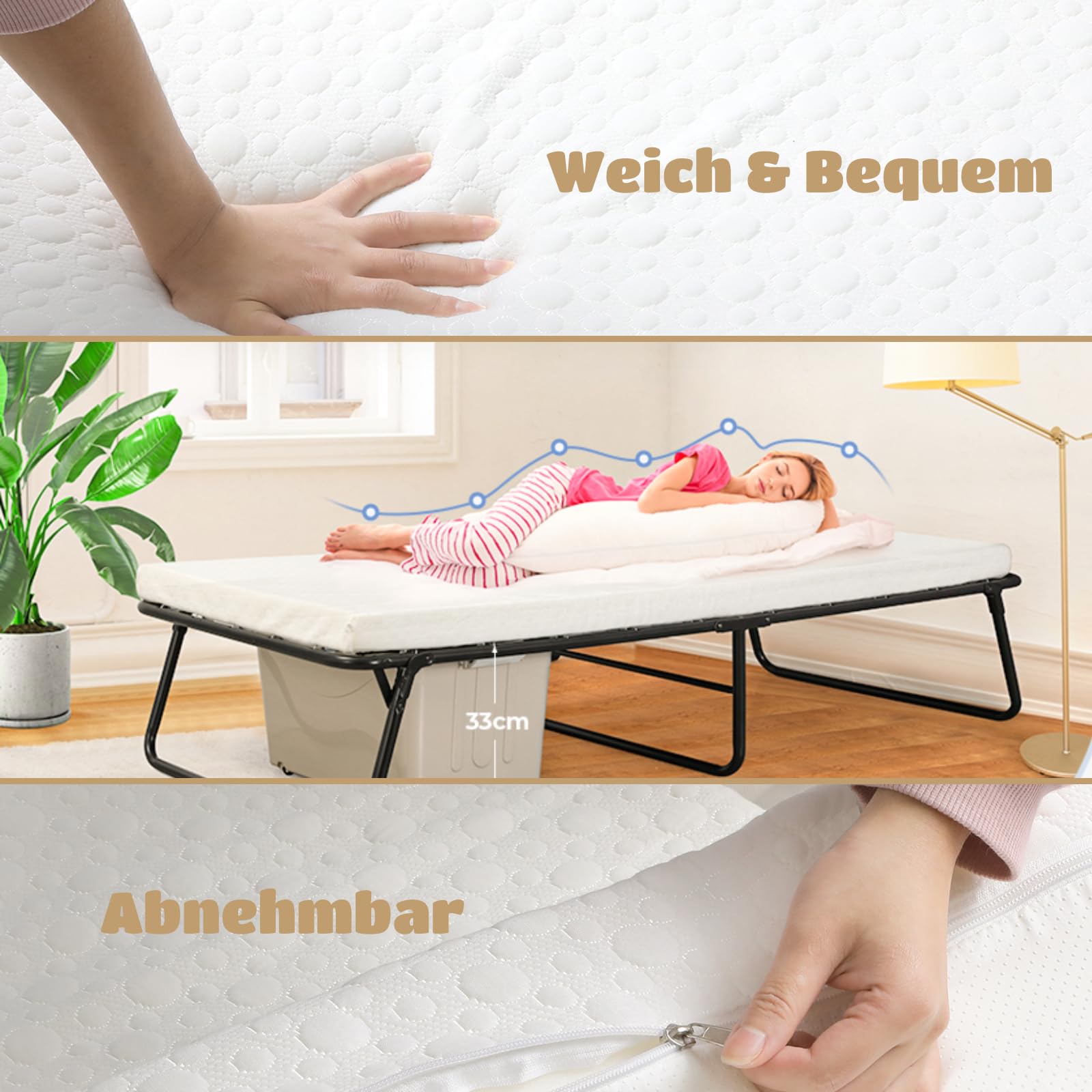 Cama Plegable con Ruedas 80x190cm, Cama de Invitados con Colchón de Espuma Viscoelástica de 7cm, Cama Plegable Adultos Portátil con Funda, no Requiere Montaje, Armadura de Metal Soporta hasta 136 kg