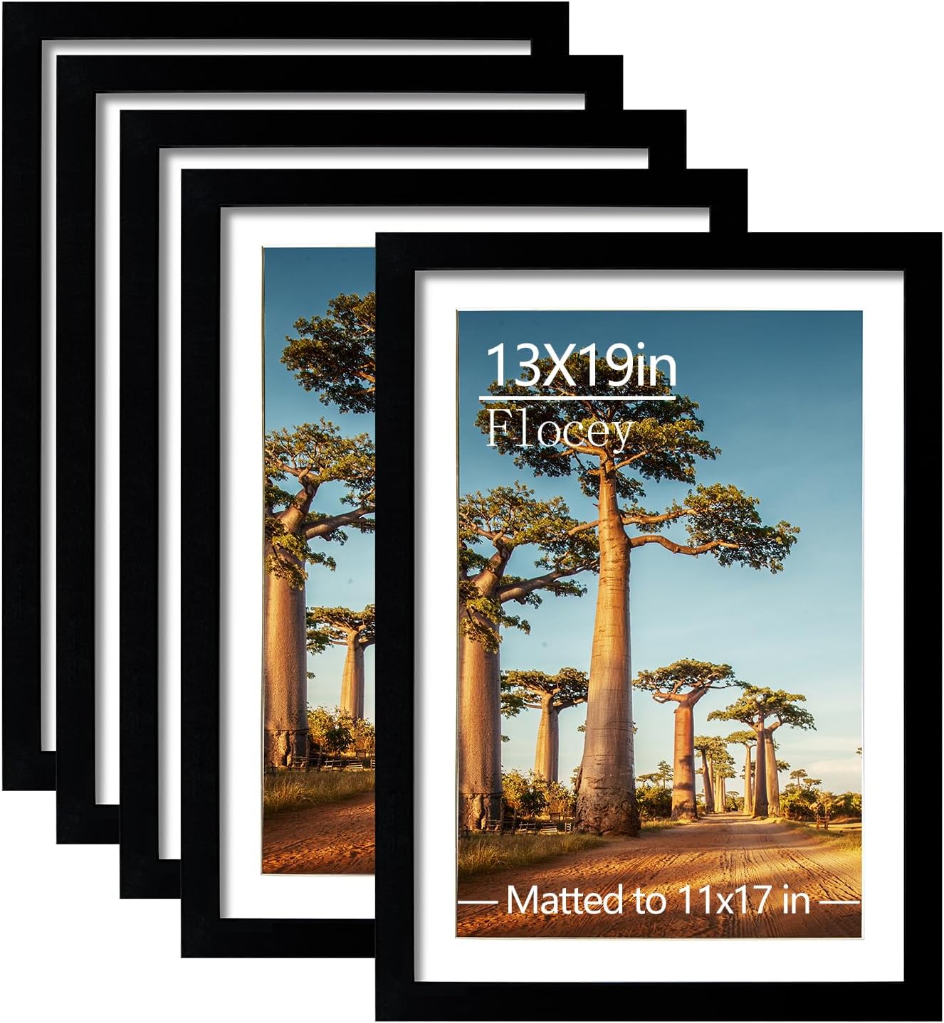 13x19 Picture Frame Set of 5, Black Poster Frame, Display Pictures 11 x 17 with Mat or 13 x 19 Without Mat for Horizontal or Vertical Wall Mounting, Wall Gallery Frame