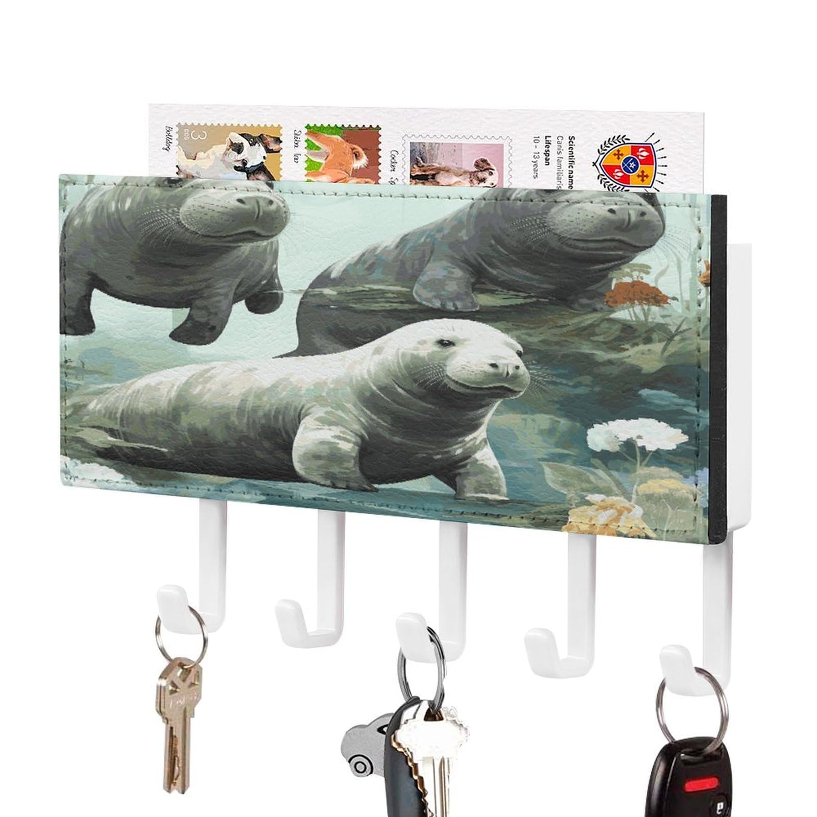 FekiLoot Rabbits Manatees Key Holder for Wall Decorative Mail Organizer with 5 Key Hook Self Adhesive Key Rack with Tray Coat Rack Wall Mount Key Hanger Decor for Entryway Door
