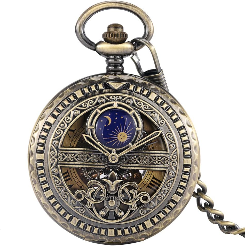 EHVYBDX Simulation Pointer Blue Moon Sun Hollow Style Lady Pocket Watch Manual Mechanical Good Dial Practical Thick Chain Clock Mom Gift