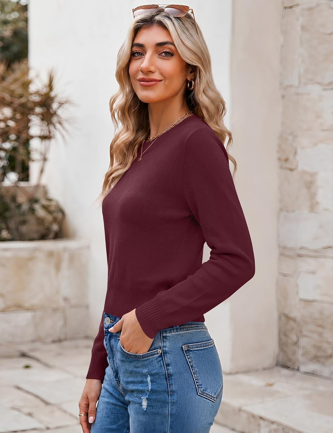 LOMON Women's Cropped Sweaters Crewneck Fall Clothes Long Sleeve Knit Tops image 4