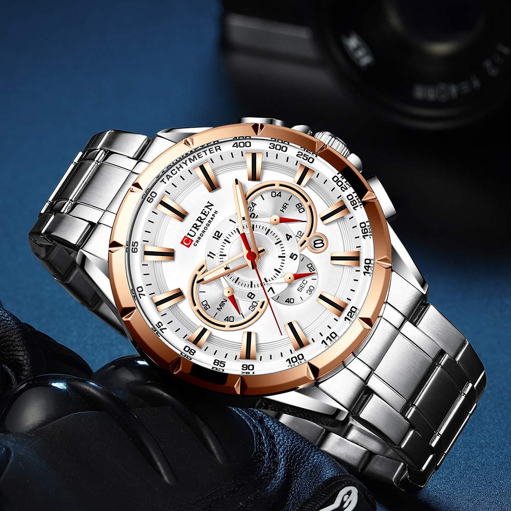Wrist Watch Men Waterproof Chronograph Military Army Stainless Steel Male Clock Man Sport Watches 8363 (Silver White)