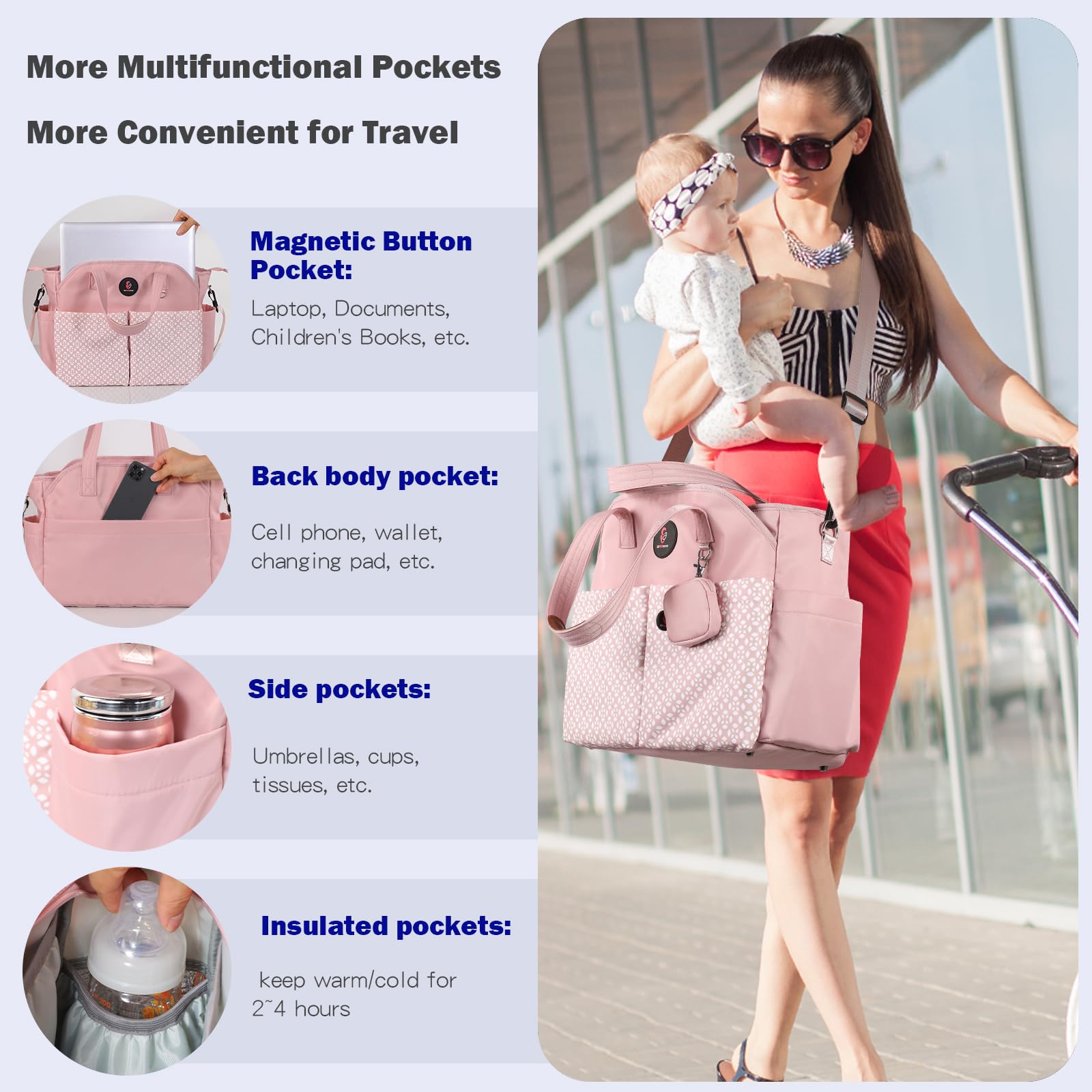 Bolsa para pañales: bolsa grande para bebé, bolsa de pañales para niños, elegante bolsa de pañales para niña, bolsa de hombro para mamá