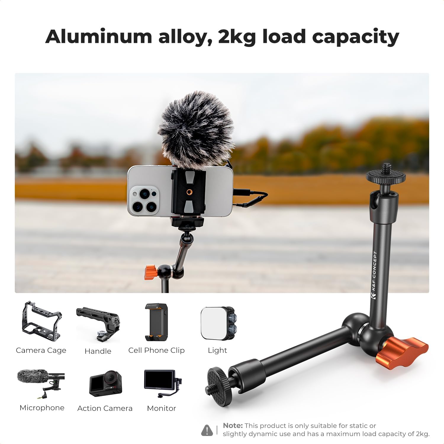K&F CONCEPT 9.8" Magic Arm, 1/4" Screw Camera Mount Arm 360° Ball Heads for DSLRs, Monitor, Flash, LED Light, Microphone, Camera Cage, Action Camera - Image 4