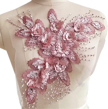 USIX Lace Applique Motif Sewing Applique Patch 3D Embroidered Flowers Rhinestones Sequin Beads for Handmade DIY Craft Bridal Wedding Dress Skirt Clothes Jeans DecorationPink Style A