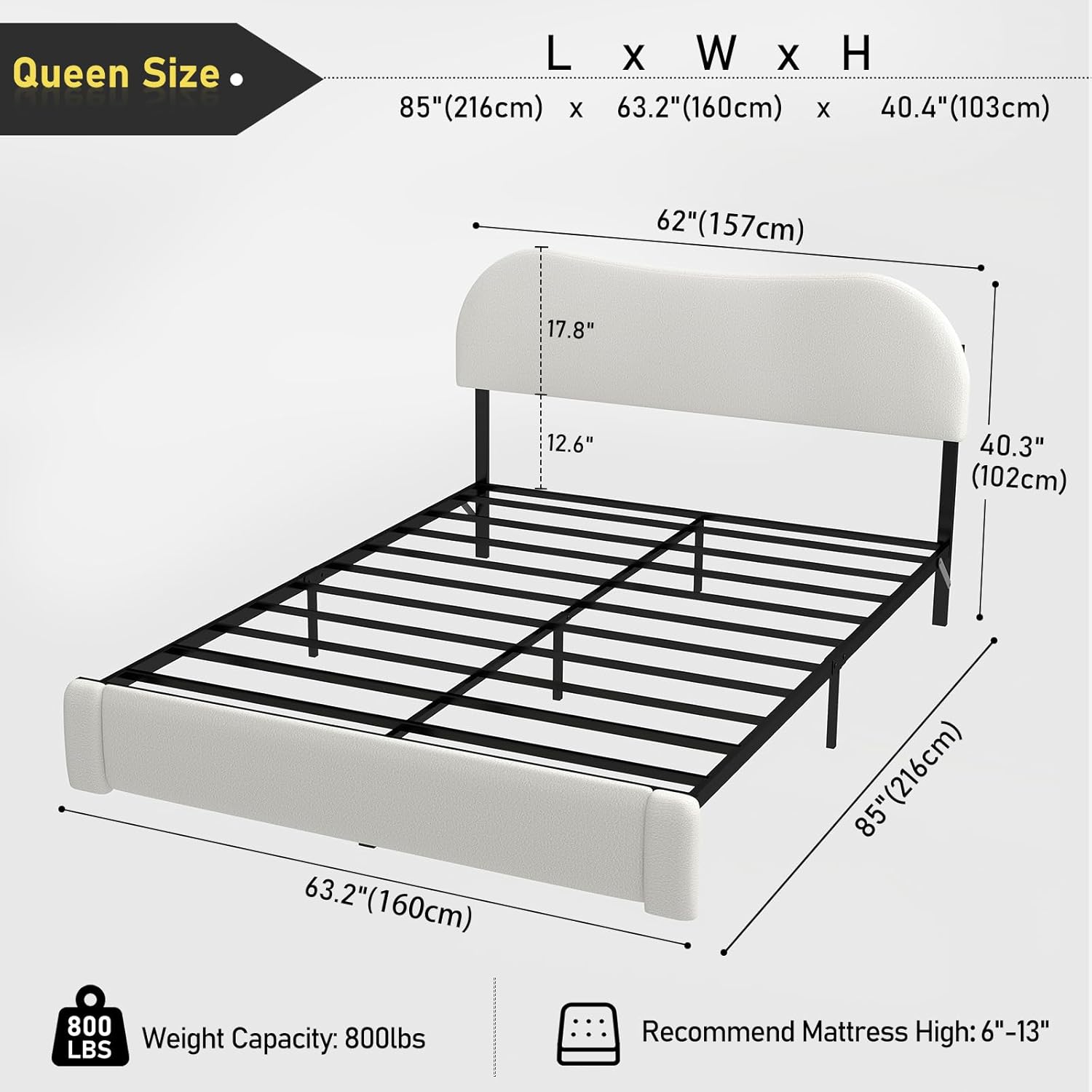 Diagram showing the dimensions of the SADENICEL Queen Bed Frame: 85 inches (L) x 63.2 inches (W) x 40.4 inches (H), with detailed measurements for headboard height and under-bed clearance. Also indicates 800 lbs weight capacity and recommended mattress height of 6-13 inches.
