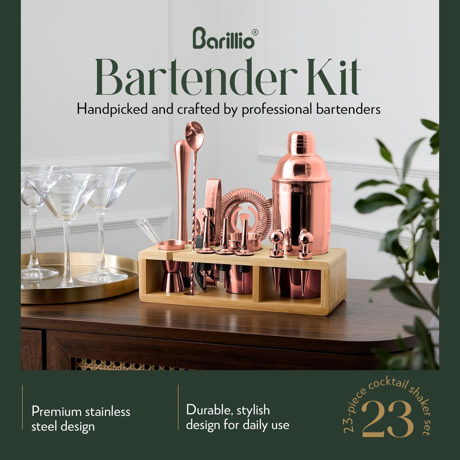 Condition photo showing As Is for barillio rose gold bartender kit - stainless-steel cocktail shaker set w/bamboo stand - mixology bar tools w/drink shaker, mixer and muddler for cocktails - home bar accessories - 23-pc bar set rose - bamboo