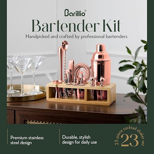 Miniatura 34 de Barillio Kit de barman de oro rosa – Juego de coctelera de acero inoxidable con soporte de bambú negro – Herramientas de barra de mixología con Rosa