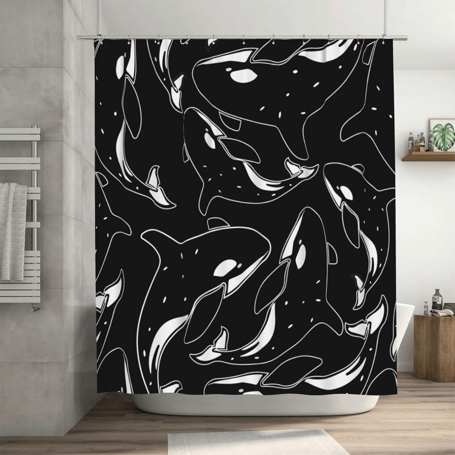 Whale Orca Killer Black Shower Curtain, 72 x 72 Inch Bathroom Home Waterproof Polyester Fabric with 12 Iron Hooks