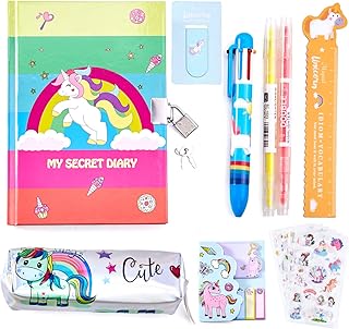 Paochocky 14 Pezzi Set di Articoli di Cancelleria Unicorno, Diario Segreto, Astuccio, Penna a Sfera 6 in 1, 2 Evidenziatori, Righello, Nota Adesiva e Adesivi Grandi Regali per Ragazze Bambini