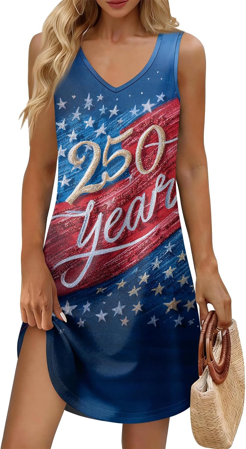 USA americaTh Anniversary Women's Sun Dress USA Flag Graphic Casual T-Shirt Mini Sundresses with Pockets, S-3Xl