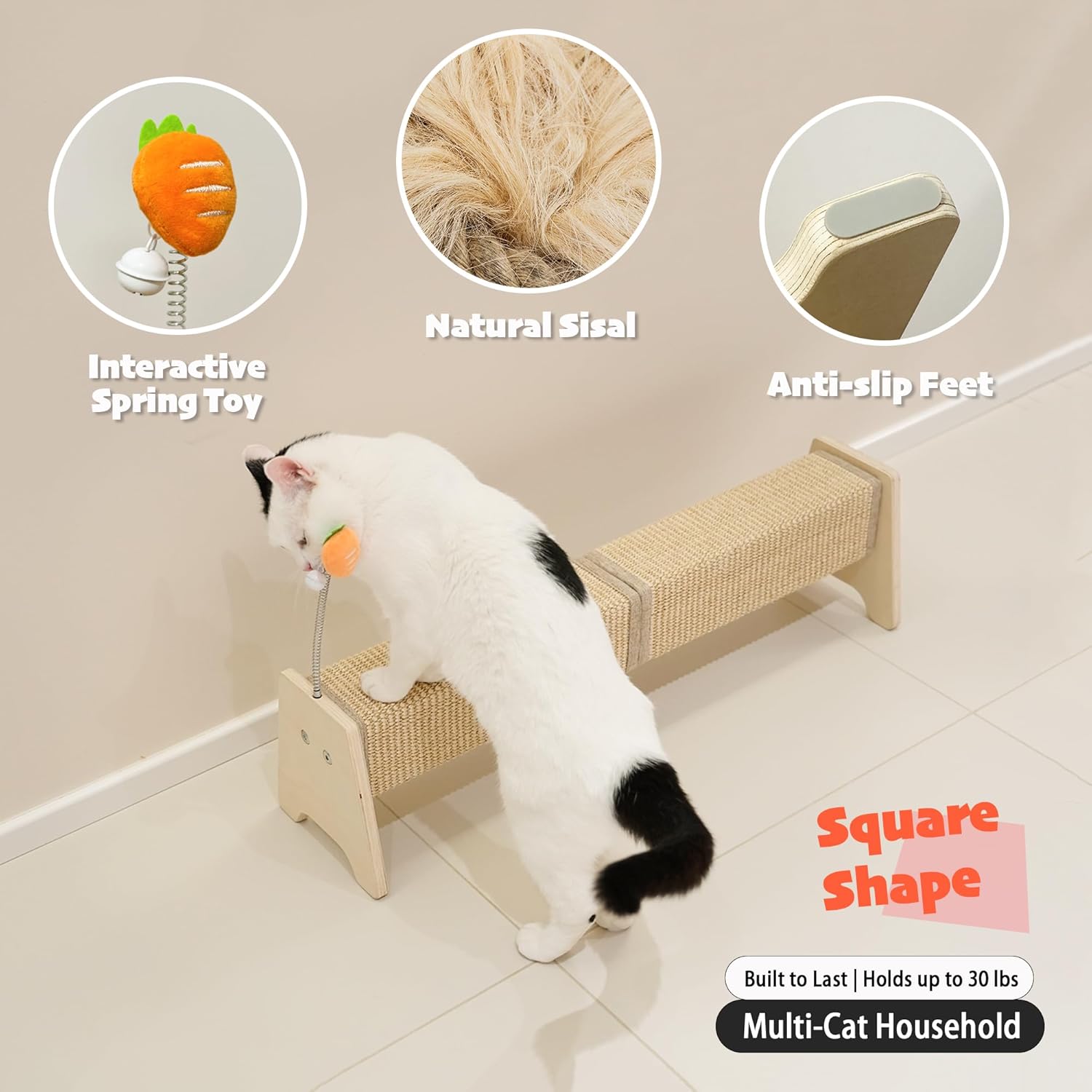 PETKARAY Horizontal Scratching Post, 30" Sisal Cat Scratch Pad, Large Cat Scratcher with Spring Toy, Protect Furniture for Indoor Kitten