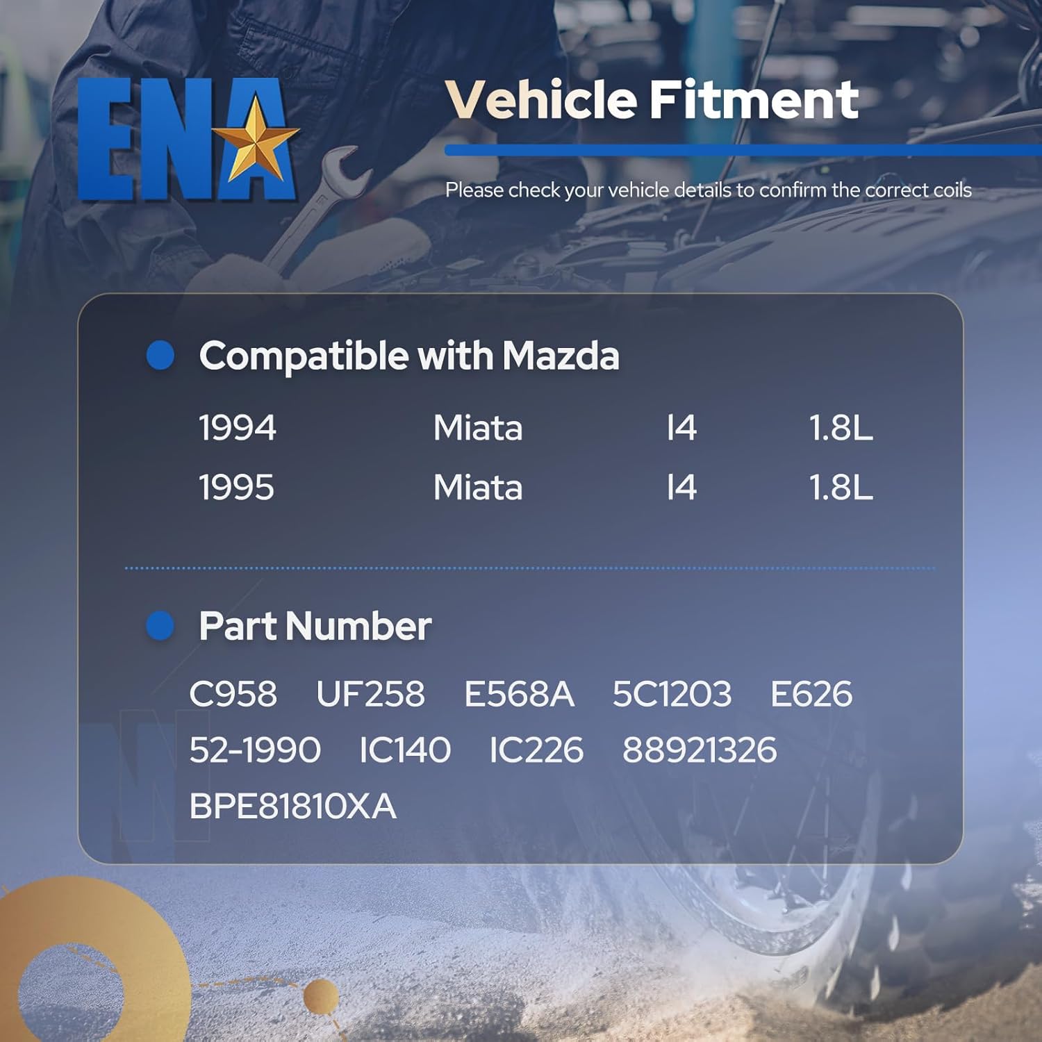 ENA Ignition Coil Pack Compatible with Mazda 1994 1995 MX-5 Miata MX5 L4 1.8L Replacement for C958 UF258 E568A 5C1203 E626 52-1990 IC140 IC226 88921326 BPE81810XA