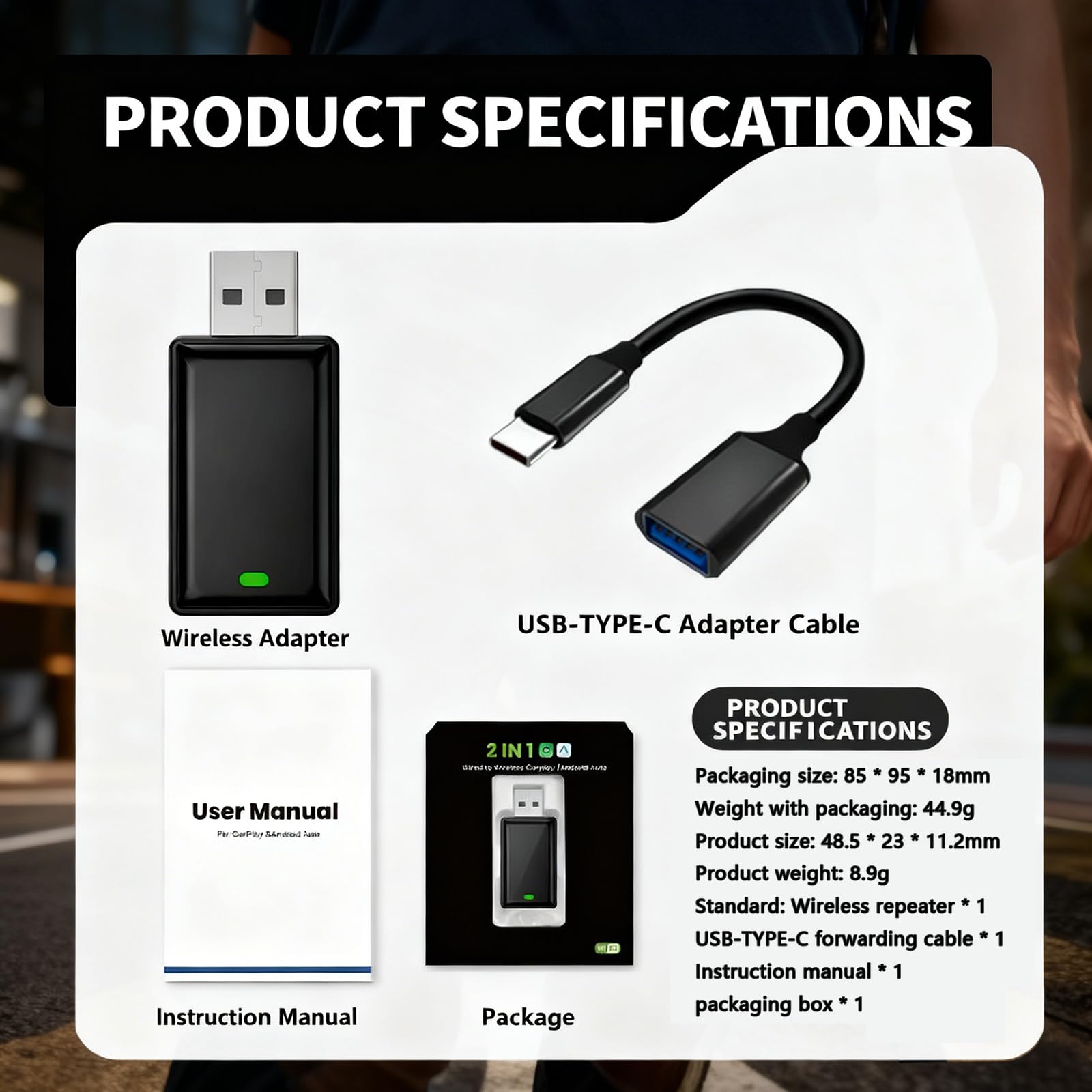 Adaptateur CarPlay sans Fil 2 en 1 Adaptateur de Diffusion sans Fil pour Voiture Contrôle Plug-and-Play Compatible avec Les appareils Android et Apple Convient aux modèles à partir de 2017
