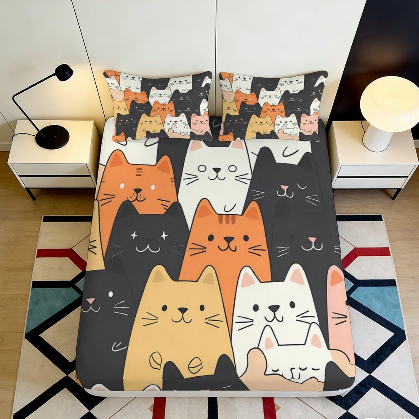 3D Printed Cartoon Cat Fitted Sheet Microfiber Deep Pocket Bedroom Bedding Elastic Cartoon Cat Mattress Fitted Cover Washable 90x200x25cm