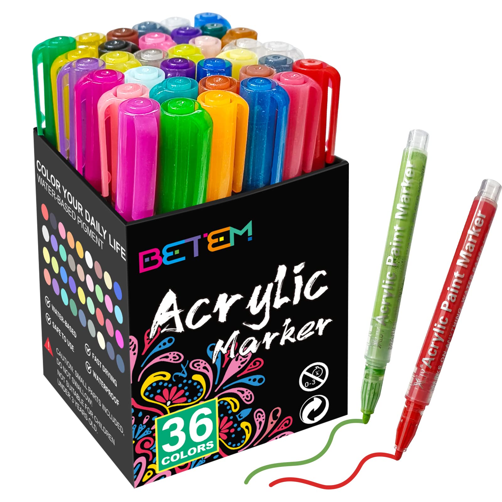BetemAcrylic Paint Markers Paint Pens 36 Colors, Premium Medium Tip Acrylic Paint Pens for Wood, Canvas, Stone, Rock Painting, Glass, Ceramic Surfaces, DIY Crafts Making Art Supplies