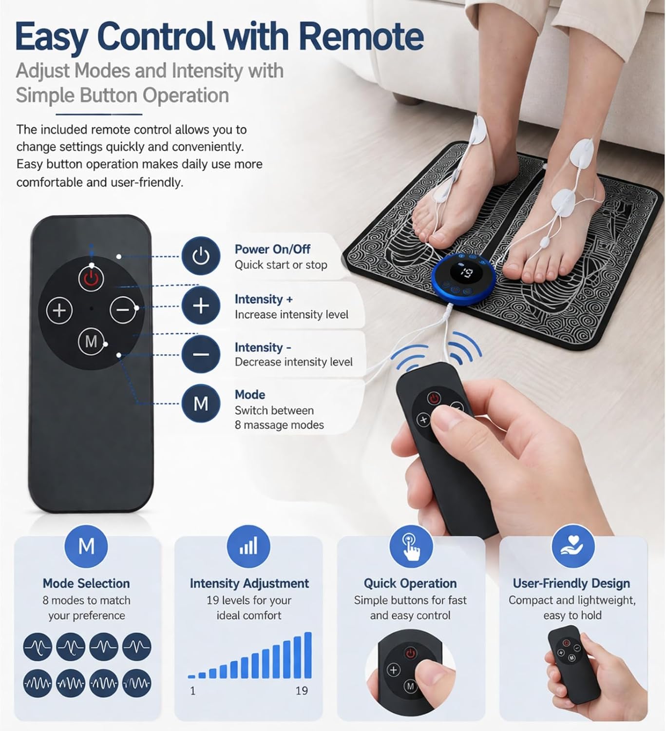 Ornaxis EMS Foot Massager Mat, Foot Muscle Stimulator with Remote Control, 8 Massage Modes, 19 Intensity Levels, USB Rechargeable Foot Massage Pad for Home Use