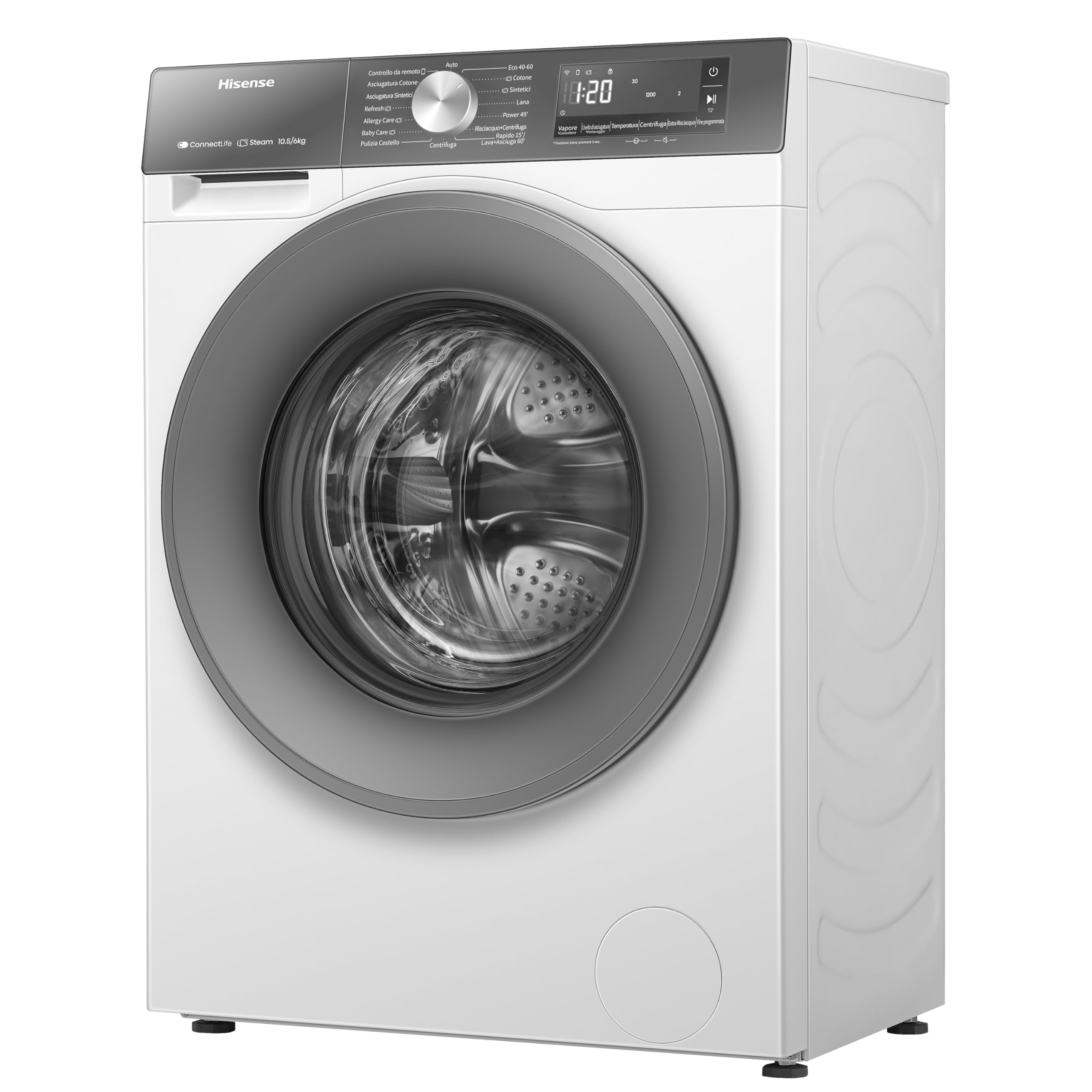 Hisense WD3S1043BW7 Lavasciuga 10,5 + 6 Kg, 1400 Rpm, 19 Programmi Automatici, Vapore, Motore Inverter, Classe Energetica A-20%/D, Display Led, Grigio, WiFi