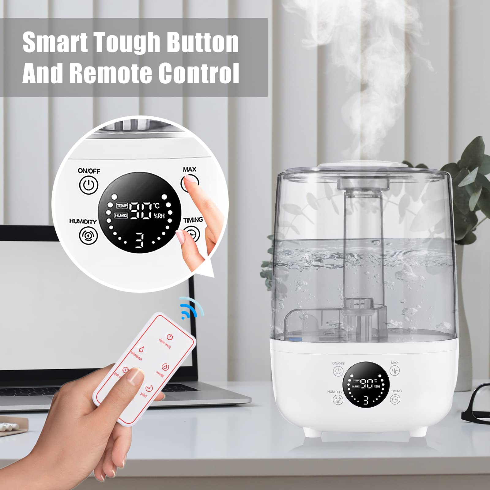Umidificatori d'aria 4L per camera da letto Umidificatori d'aria ad ultrasuoni Diffusore di aromi Pulsanti di controllo touch con display LCD Telecomando Ugello tubo extra lungo Minuteri