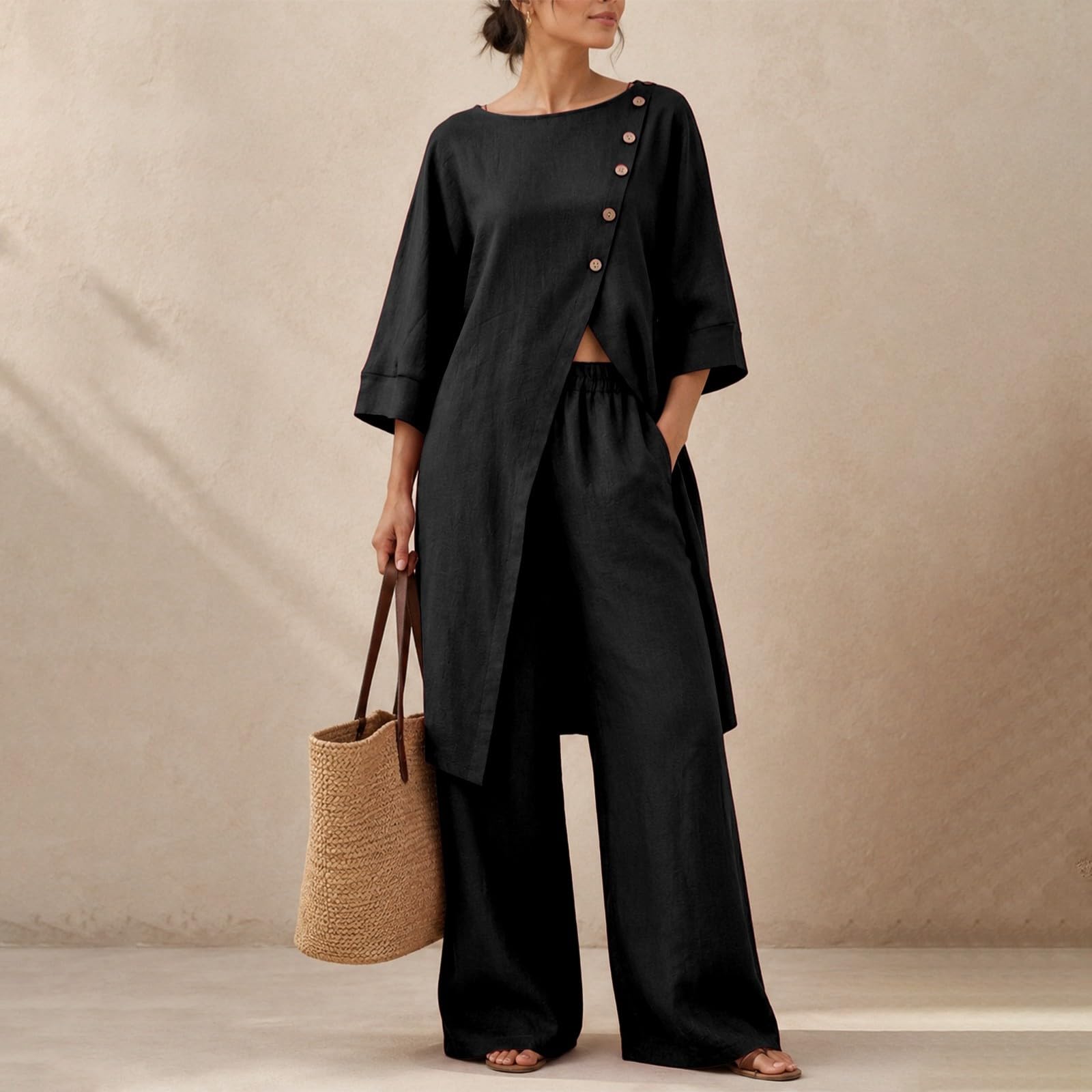 Completo Donna Estivo con Pantaloni Larghi, Abbigliamento Donna Estivo Taglie Forti Camicetta da Pantaloni Casual Irregolari