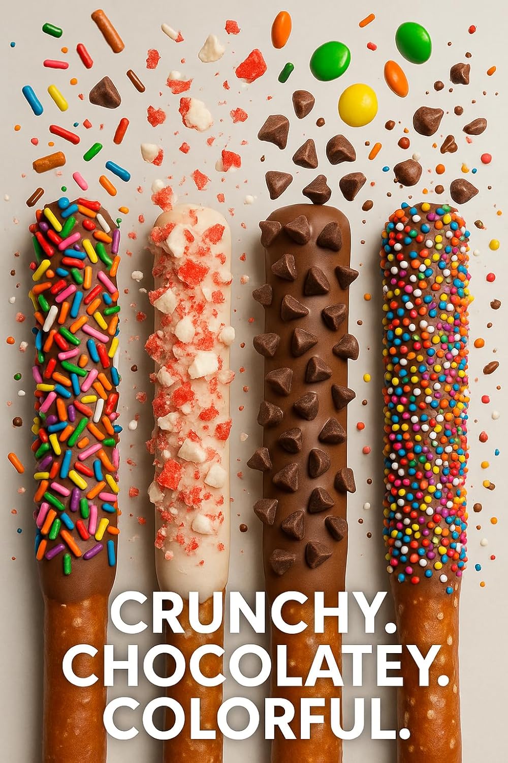 Chocolate Covered Pretzel Rods Gourmet Pretzel Sticks with Rainbow Sprinkles & Assorted Toppings Bulk 50 pack Individually Wrapped Chocolate Covered Pretzels Free sampler 4 oz chocolate twists