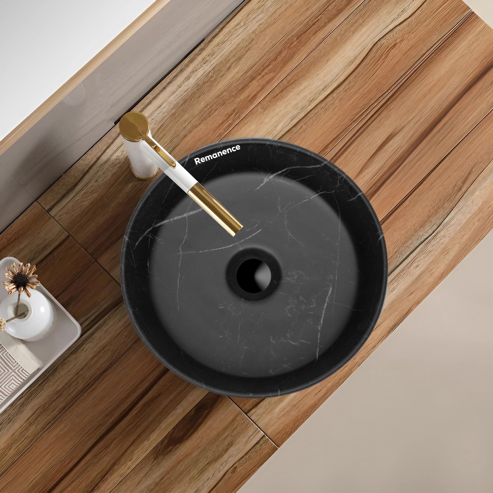 REMANENCE Round Countertop Wash Basin | Designer Table Top Bathroom Basin Sink | Vessel Sink Wash Basin Over Counter for Bathroom, Hotel, Home Living Room (12.5 x 12.5 x 5 Inch) (Black Whie Stripe) 1