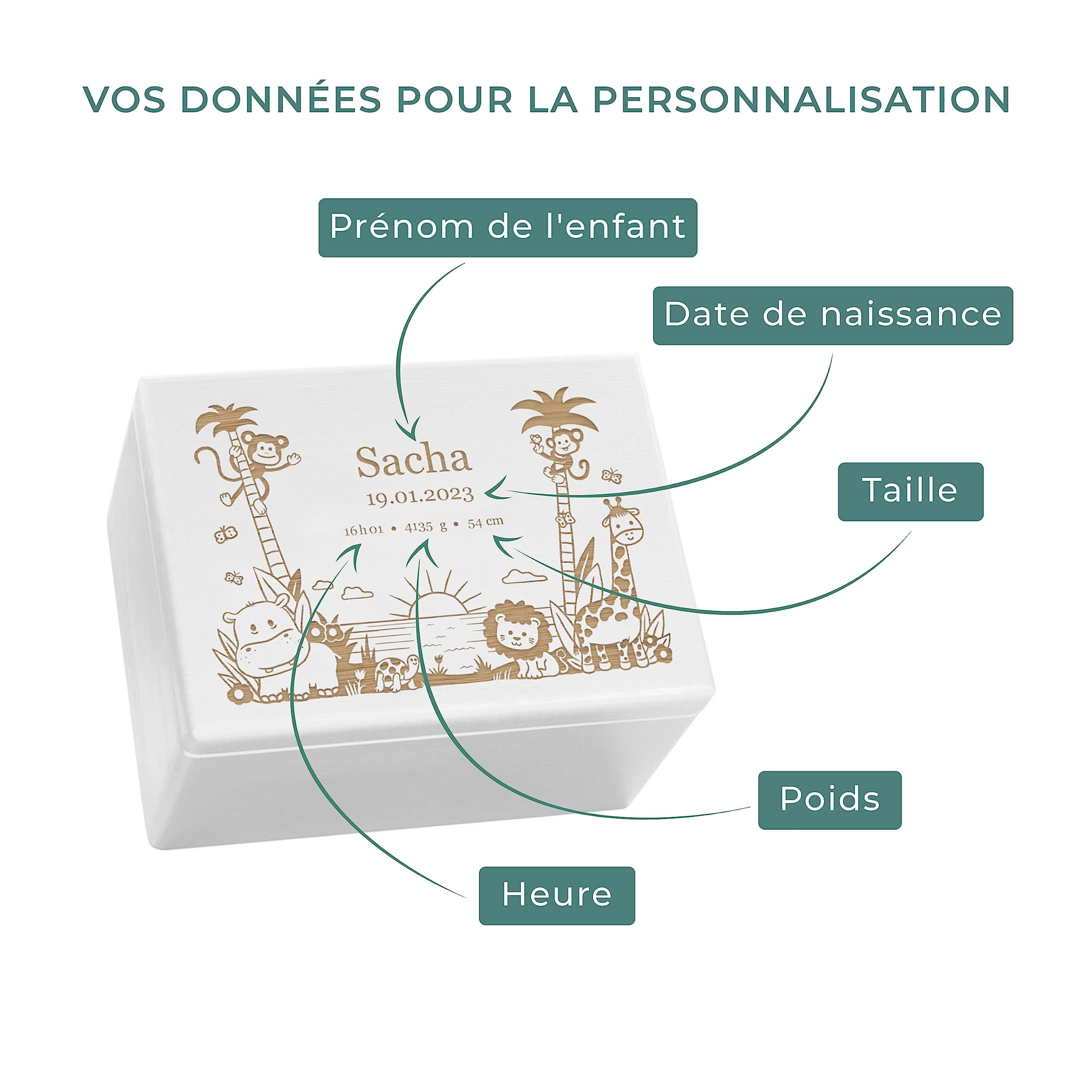 LAUBLUST Boîte à souvenir bébé - Jungle - Cadeau naissance personnalisable | Taille XL, env. 40x30x24cm, Blanc - Boîte décorative en bois avec couvercle, FSC®