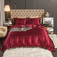 Vista 16 de Juego de funda de edredón sedosa de satén similar a la seda, color rosa rubor con estampado de satén con volantes rosados, 1 funda de edredón y 2