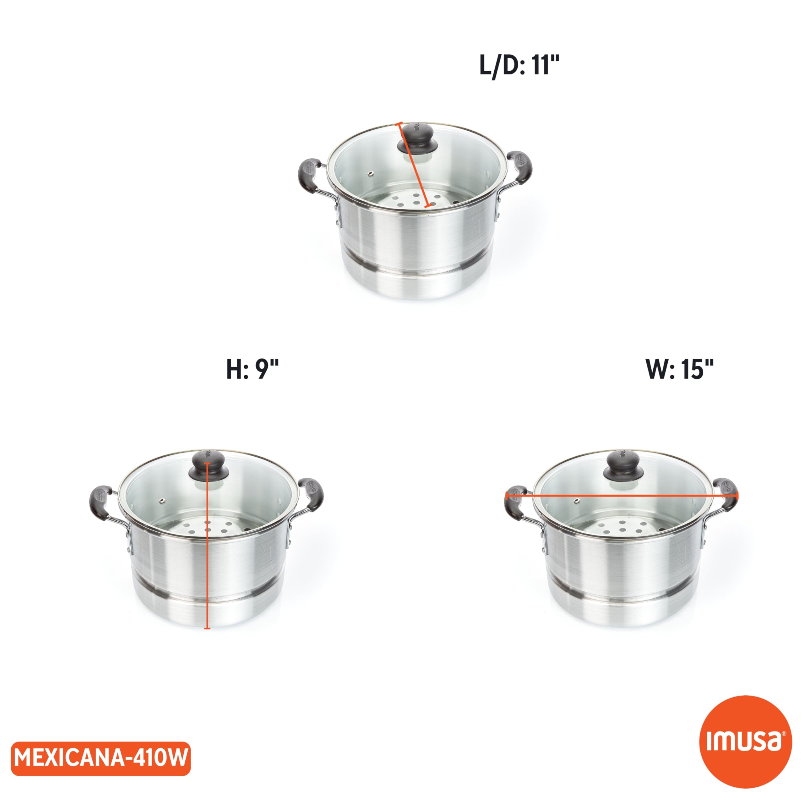 Imusa 10 Quart Aluminio Cool Touch Accesorio para cocinar al Vapor con Tapa de Cristal, Color Plateado