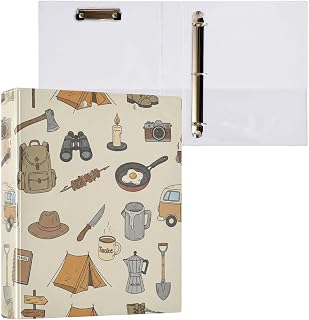 QUGRL 3 Ring Binder 1.5 Inch Campfire Backpack Tent Map Three Ring Binder Organizer with Clipboard 3 PVC Pockets, Round Rings Holds 200 Sheets Fits A4 Size Paper, Clear View, Camera Boots