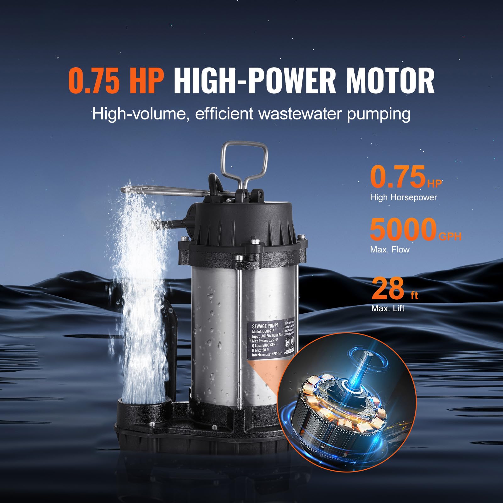 Happybuy Submersible Sewage Pump, 0.75HP 5000 GPH, 28 ft Lift, 10 ft Cord, Auto Float Switch, Stainless Steel for Basement Yard Farm