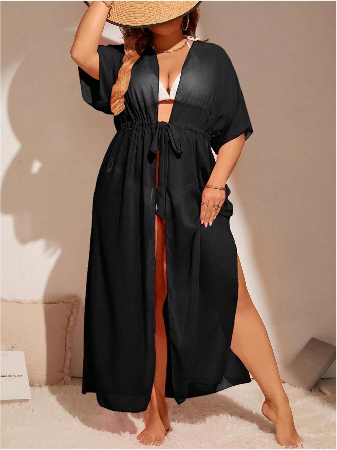 OYOANGLE Women's Plus Size Short Sleeve Beach Kimono Drawstring Waist Flowy Long Cardigans Cover Ups - Image 5