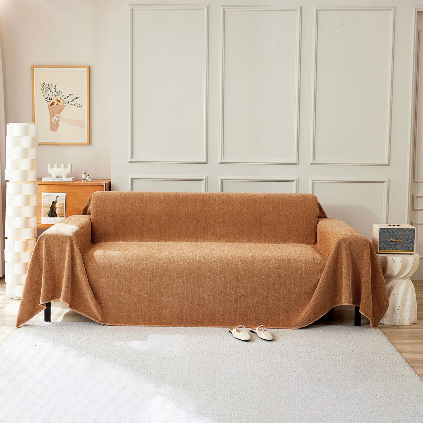 STACYPIK Orange Chenille Sofa Covers, Washable Jacquard Couch Cover for Dogs, Non-Slip Pumpkin Herringbone Furniture Protector for 2 Cushion Couch,