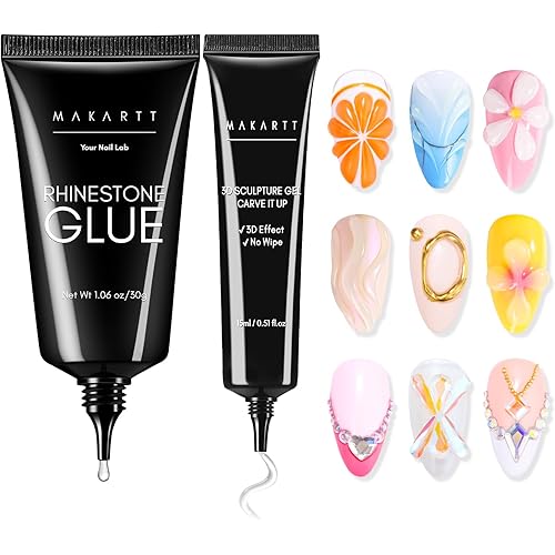 Makartt Nail Rhinestone Glue with 3D Gel Kit – Super Strong Nail Charm Glue & Sculpting Gel for DIY Nail Art, Drawing, Molding & Embossed Designs, Easy to Use for Nail Lovers & Beginners