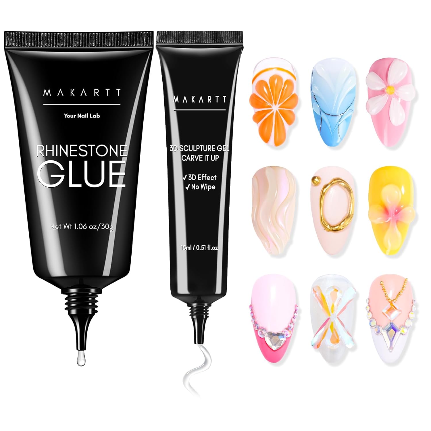 Makartt Nail Rhinestone Glue with 3D Nail Gel Kit, Nail Charm Glue Super Strong Gel Nail Glue for Nail, 3D Sculpting Gel for Drawing Molding Embossed and Decoration DIY Nail Art