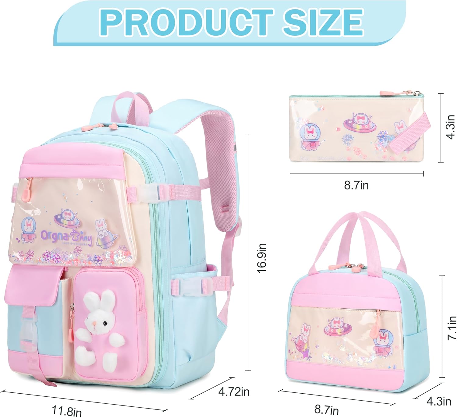 Girls Backpack Set, 3PCS Kids Backpack for Girls, Kawaii Bunny School Backpacks for Girl Kindergarten Elementary Preschool Middle School Bags with Lunch Box Pencil Case Aquamarine - Image 2