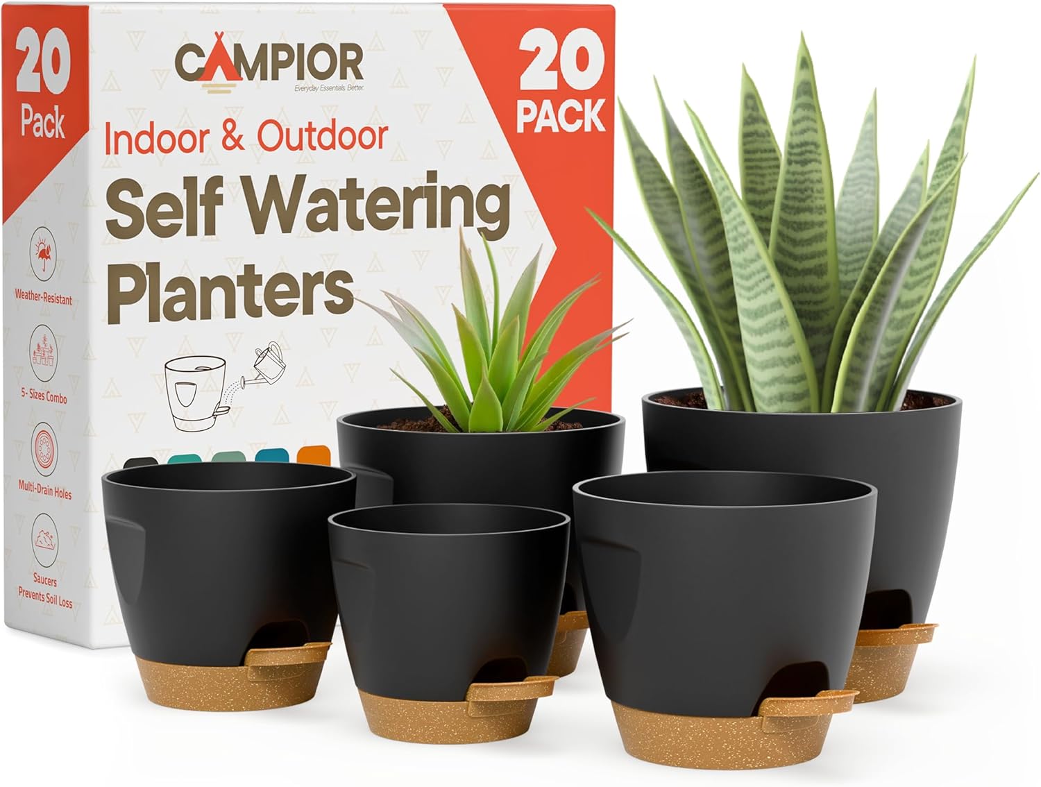 Black Self Watering Pots 20 Pack, Indoor and Outdoor Plant Pots with Wick Rope & Drainage Holes, Easy Watering Lip, Lightweight Plastic Self Watering Planter for Succulents, Houseplants, and Herbs