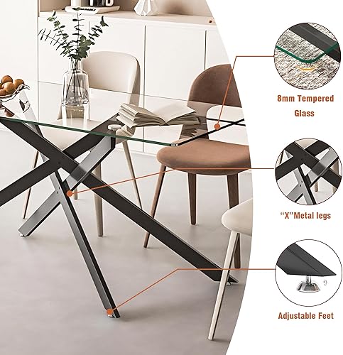 Miniatura 84 de Mesa de comedor de cristal de 51 pulgadas para 4, mesa de comedor rectangular contemporánea con parte superior de vidrio templado y patas de acero