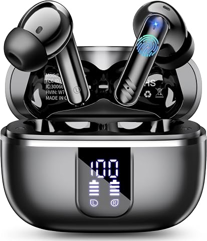 W70 Pro Auriculares Inalámbricos Bluetooth 5.4, Cascos Inalámbricos In-Ear con 46H de Batería y Pantalla LED, IPX7 Impermeable Auriculares Deportivos con 4 Micrófonos ENC para Android iOS. Negro
