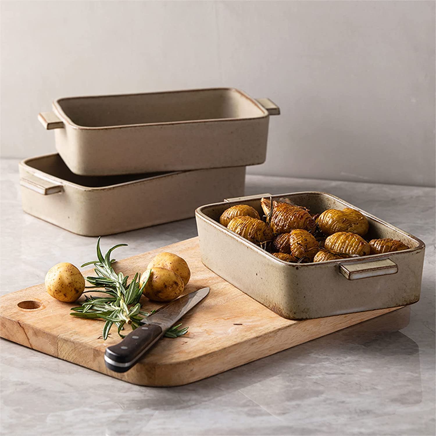Piatto per lasagne grande profondo, padella rettangolare per lasagne con maniglia,Pentola da forno in ceramica, teglia da forno in porcellana Proof-grigio-28 once 800 ml