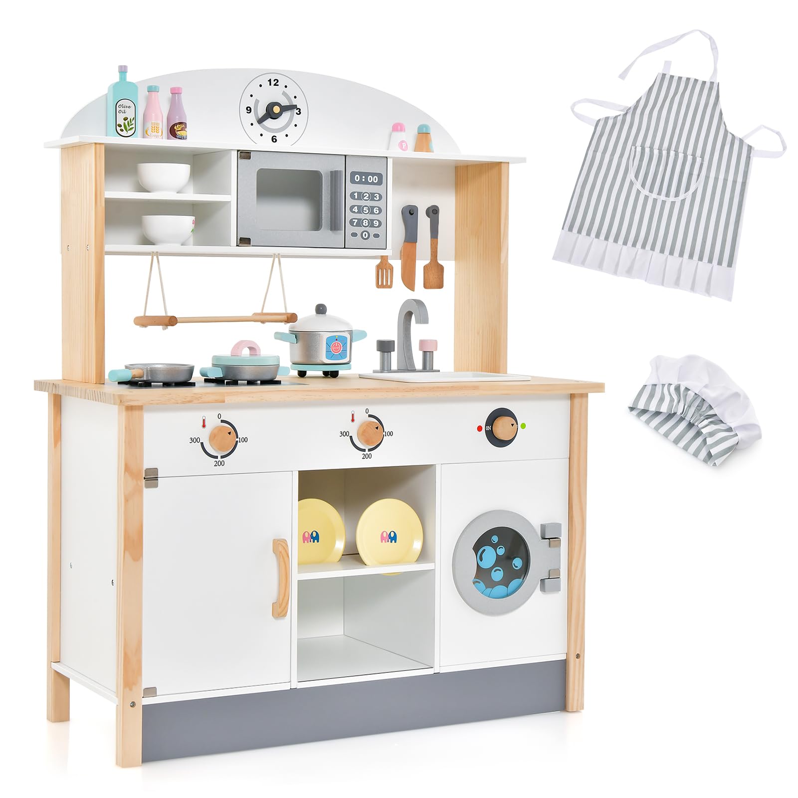 HOMASIS Cucina Legno per Bambini con Grembiule e Cappello da Cuoco, Cucinetta per Bambini Legno, Cucina Giocattolo per 3+ Anni, 79,5 x 35,5 x 98 cm