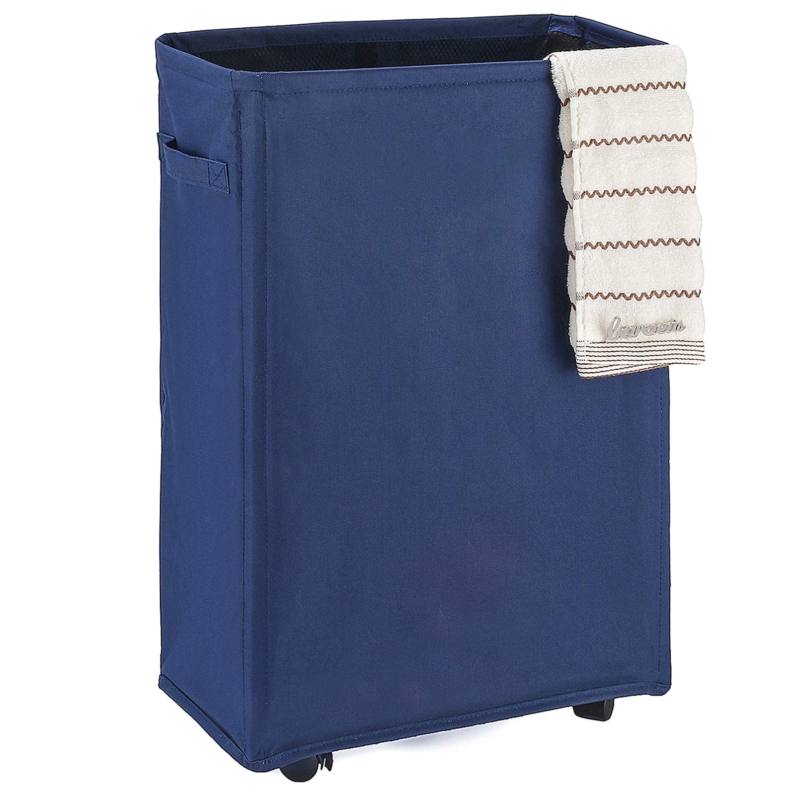 Photo 1 of Caroeas 22" Slim Rolling Laundry Basket Waterproof Laundry Storage Hamper Corner Fittable Storage Bag Collapsible Rolling Hamper Flexible Laundry Bag On Wheel For Home,Office (Slim 22",Navy Blue) Slim 22" Navy Blue
