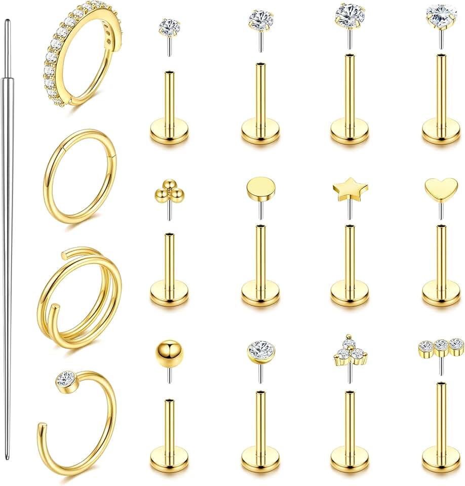 ORAZIO 14K Gold Filled Nose Rings Studs Hoops for Women Men 20G 18G Hypoallergenic Surgical Steel Push in Threadless Flat Back Earrings CZ Helix Tragus Lip Cartilage Medusa Nostril Piercing Jewelry