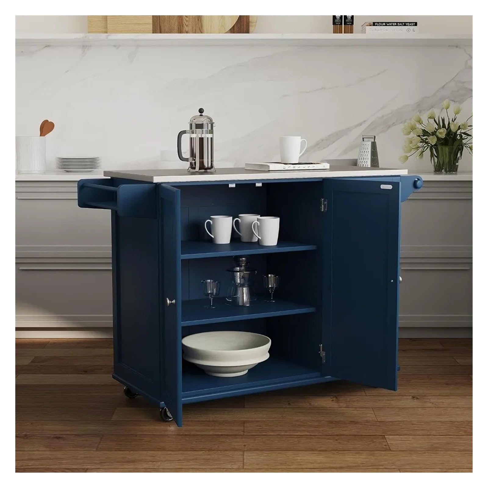 Carrello da cucina mobile con top in acciaio inox verde armadio da cucina bianco sporco tavolo mobili per la casa stoccaggio
